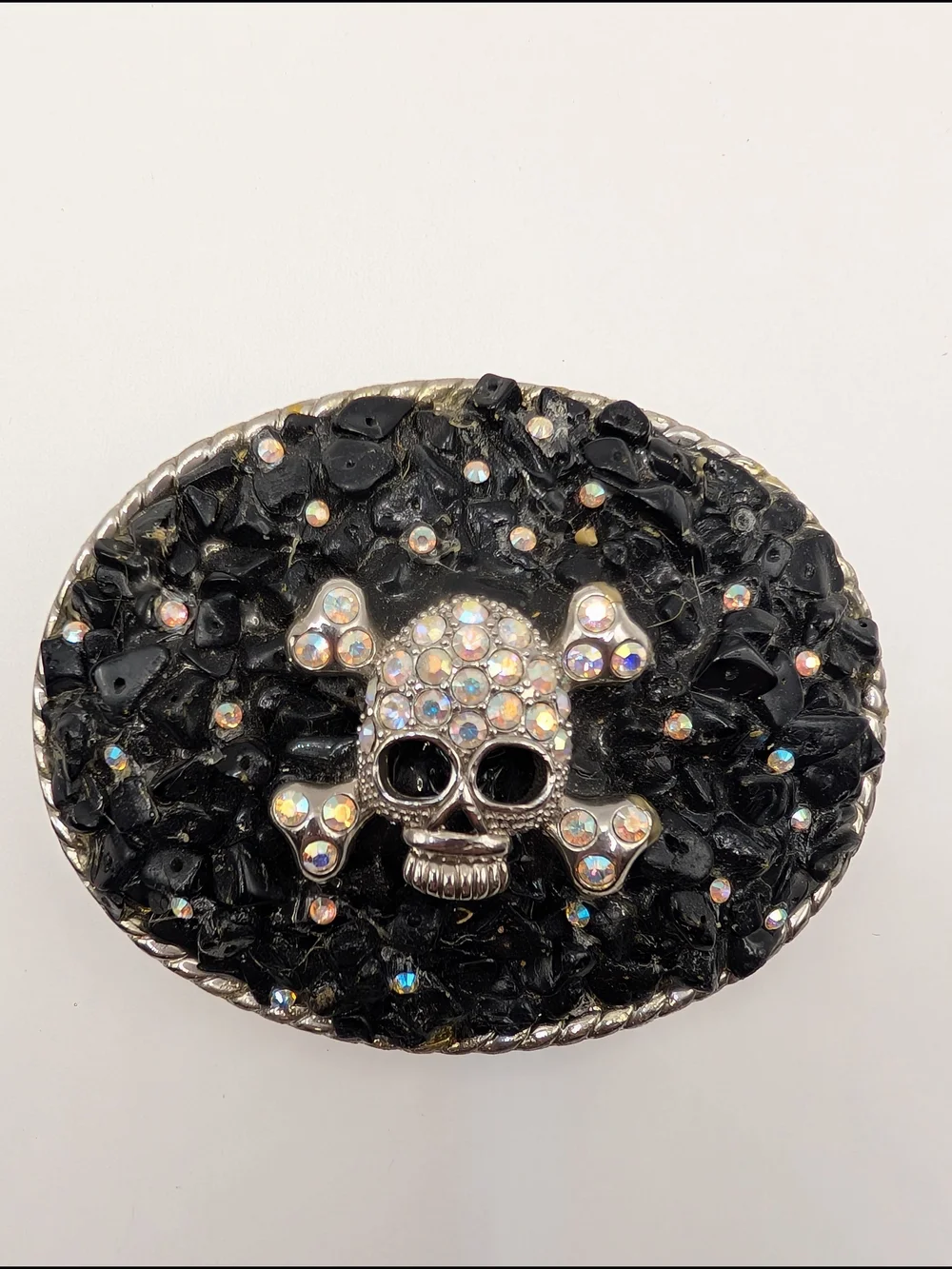 Vintage ATI Skull Crossbones Belt Buckle Black Stone AB Rhinestone Y2K McBling